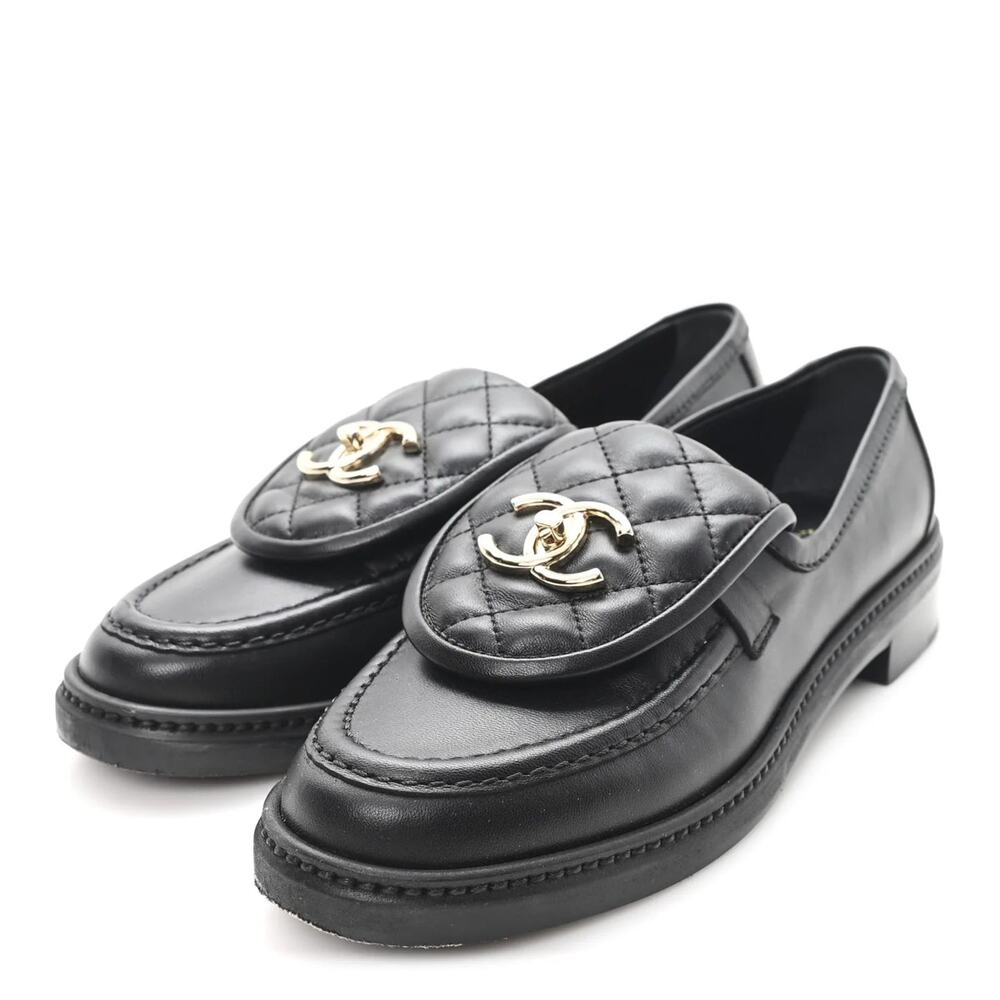 Chanel Lambskin Quilted Leather CC Turnlock Loafers Shoes Black Women's EU 36
